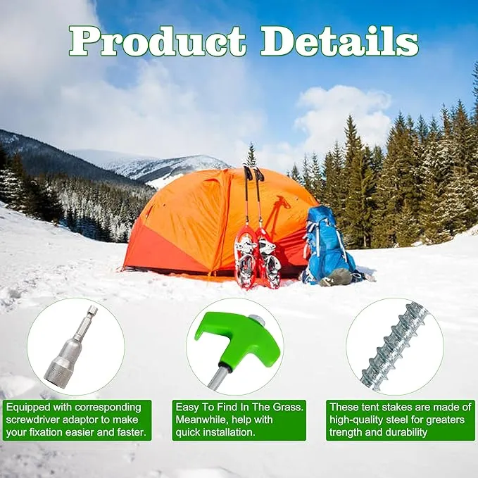 10" Screw in Tent Stakes for Drilling with Hex Heads Driver, Ground Anchors Screw in Tent Pegs Camping Stakes, Screw in Tent Stakes Heavy Duty with 4x13ft Rope &1 Stopper (8 Pack)