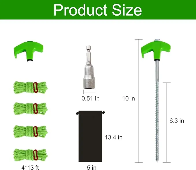 10" Screw in Tent Stakes for Drilling with Hex Heads Driver, Ground Anchors Screw in Tent Pegs Camping Stakes, Screw in Tent Stakes Heavy Duty with 4x13ft Rope &1 Stopper (8 Pack)