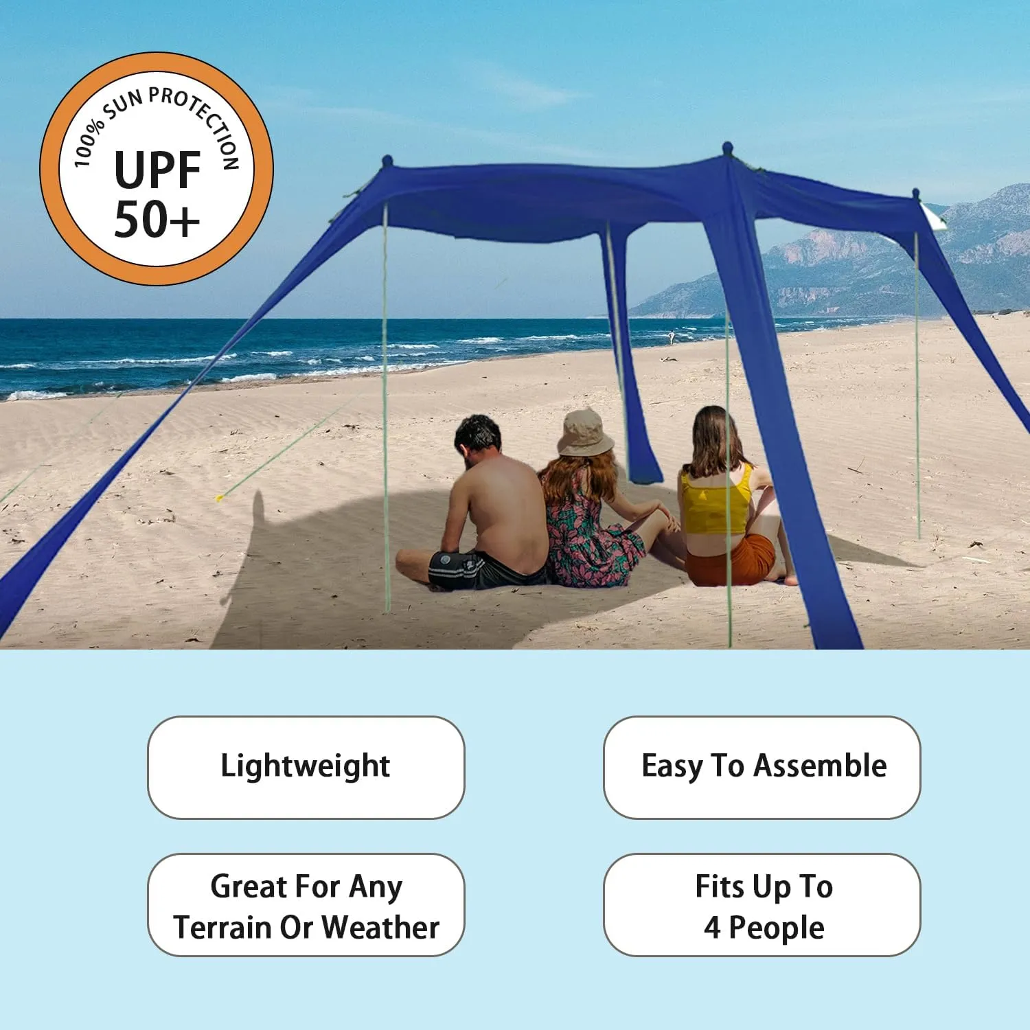 10x10 FT Family Beach Canopy Tent Pop Up Sun Shade Shelter with 4 Stability Poles Carry Bag Ground Pegs Sand Shovel Windproof Ropes Portable Outdoor Family for Beach Fishing Picnic