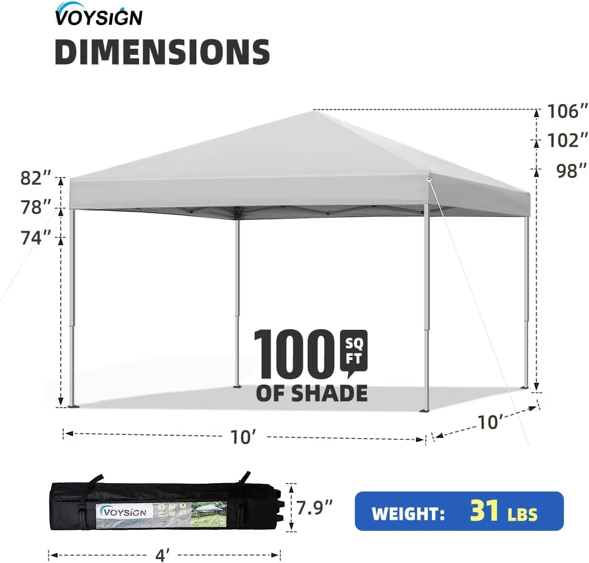 10x10 Pop Up Canopy Tent, Outdoor Instant Sun Shelter - White, Included 1 x Rolling Storage Wheeled Bag, 4 x Guylines, 8 x Stakes