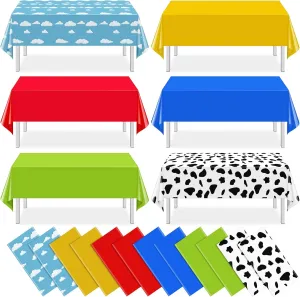 12 Pack Blue Sky and White Cloud Tablecloth Cartoon Story Mix Color Plastic Tablecloth Toy Inspired Disposable Rectangle Table Cover for Baby Shower Cow Birthday Cartoon Party Decorations,108 * 54inch