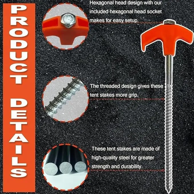 12 Pack Tent Stakes Heavy Duty, Screw in Tent Stakes Heavy Duty, Metal Tent Stakes, 8" Tent Pegs, Camping Stakes, with 1 Hex Head Driver, 1Stopper T Pull Hook, with 4 X 13ft Ropes,Storage Box (A1)