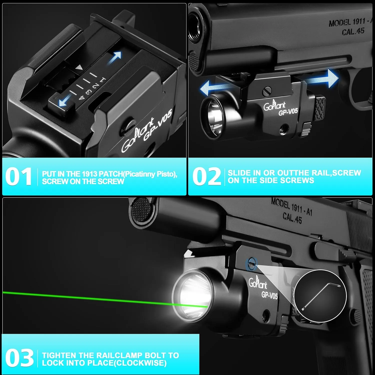 1500 Lumens Aircraft-Grade Aluminum Compact Pistol Flashlight, Picatinny Flashlights Laser Weapon Light, Subcompact Tactical Pistol Lights,Green Laser Light Combo for Handgun, Rechargeable Gun Light