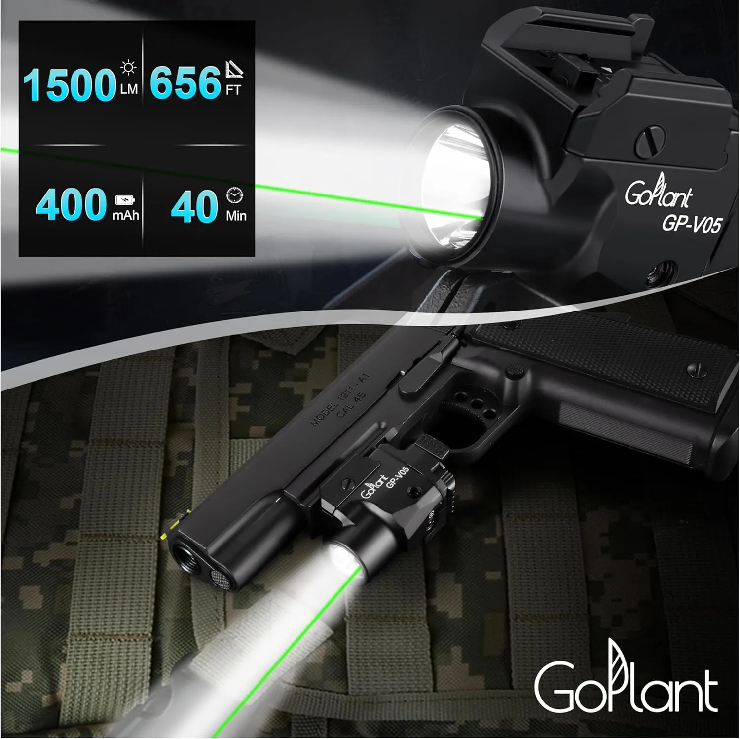 1500 Lumens Aircraft-Grade Aluminum Compact Pistol Flashlight, Picatinny Flashlights Laser Weapon Light, Subcompact Tactical Pistol Lights,Green Laser Light Combo for Handgun, Rechargeable Gun Light