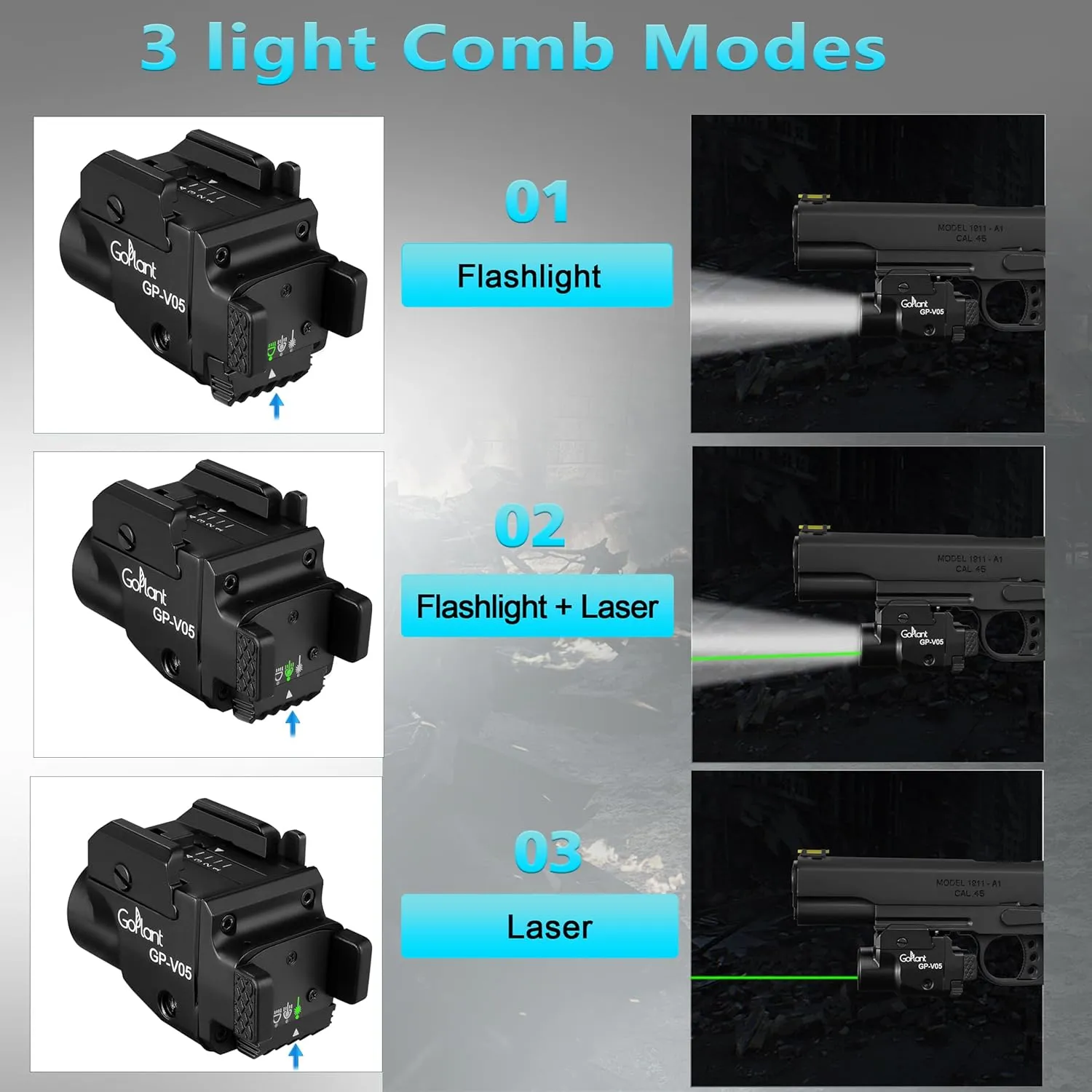 1500 Lumens Aircraft-Grade Aluminum Compact Pistol Flashlight, Picatinny Flashlights Laser Weapon Light, Subcompact Tactical Pistol Lights,Green Laser Light Combo for Handgun, Rechargeable Gun Light