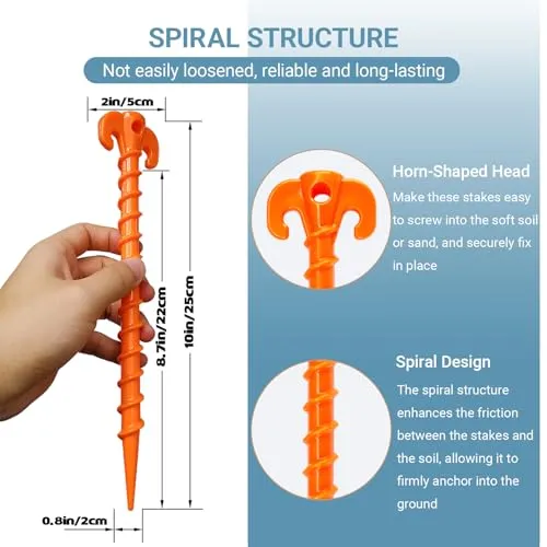 15pcs Spiral Plastic Tent Stakes-10" Heavy Duty Tent Pegs Stakes