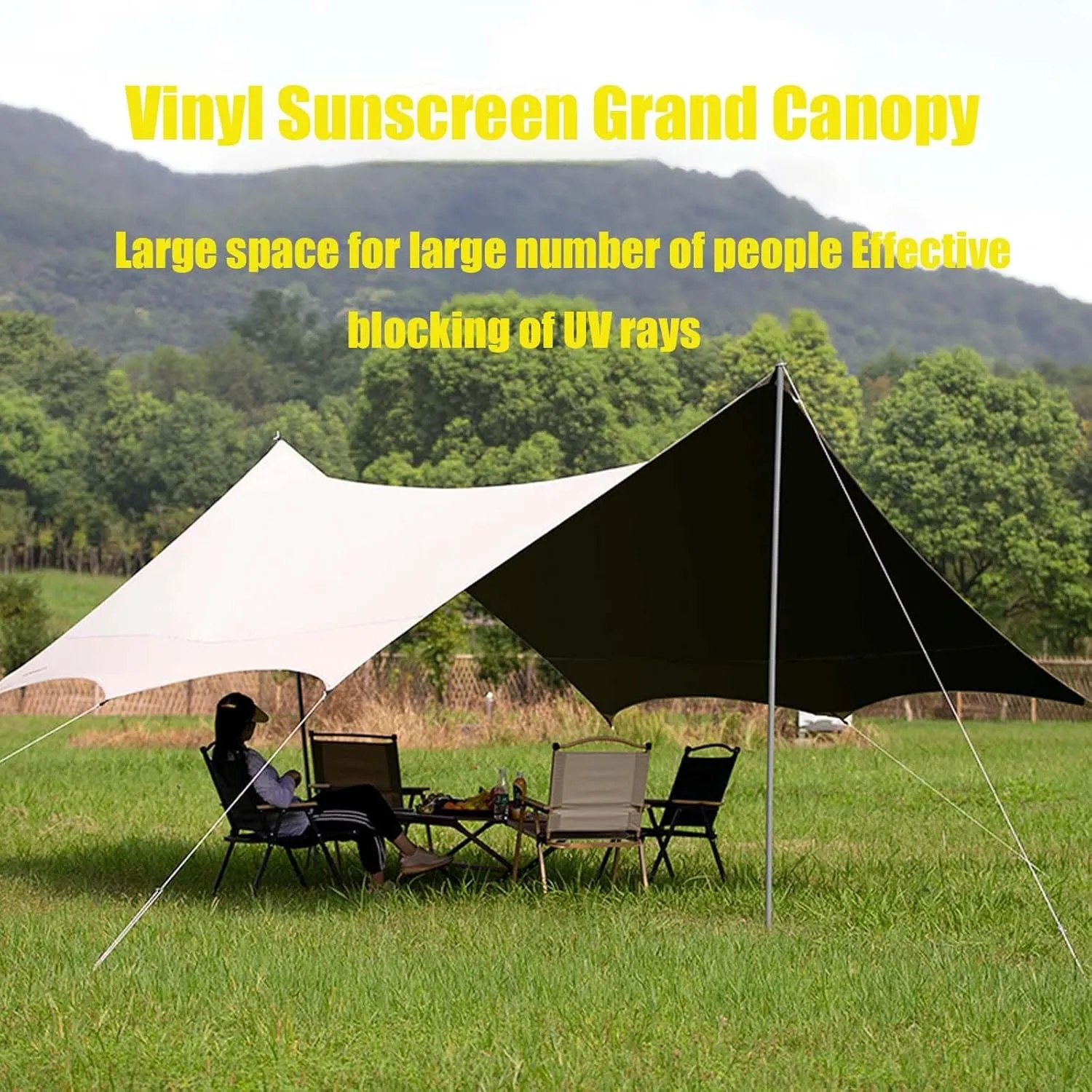 18x14ft Portable Camping Shade Sun Shelter UV Protection Multifunctional Outdoor Camping Traveling Awning Backpacking Tarp Shelter Rain Tarp(Rice-White,220x173x102inch)
