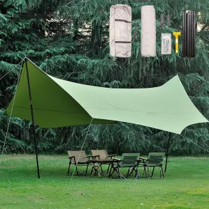 18x14ft Portable Camping Shade Sun Shelter UV Protection Multifunctional Outdoor Camping Traveling Awning Backpacking Tarp Shelter Rain Tarp(Rice-White,220x173x102inch)