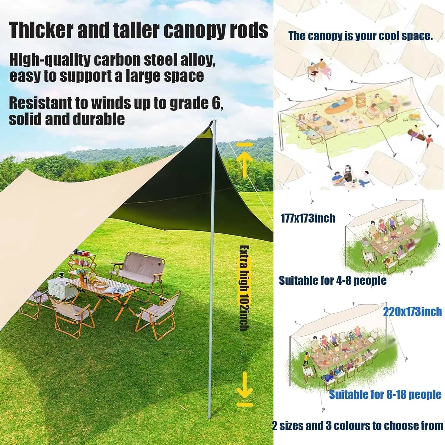 18x14ft Portable Camping Shade Sun Shelter UV Protection Multifunctional Outdoor Camping Traveling Awning Backpacking Tarp Shelter Rain Tarp(Rice-White,220x173x102inch)