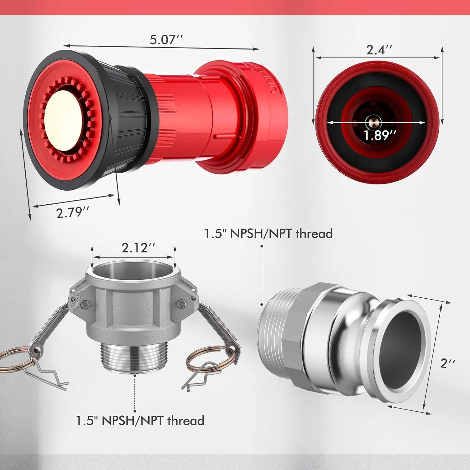 2 Fire Hose Nozzles Npsh/Npt Heavy-duty Industrial hose jet nozzle Thermoplastic Equipment Spray Fog with Aluminum Female and Male Aluminum Camlock Fitting for garden pool (1.5 Inches)