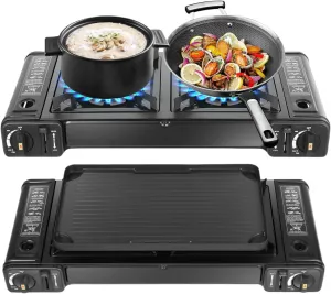 2-in-1 Portable Camping Stove with Grill Tray & Storage Case, 2 Burners Camping Stove with Safety Lock, High Power Camping Stove Perfect for Camping, Hiking