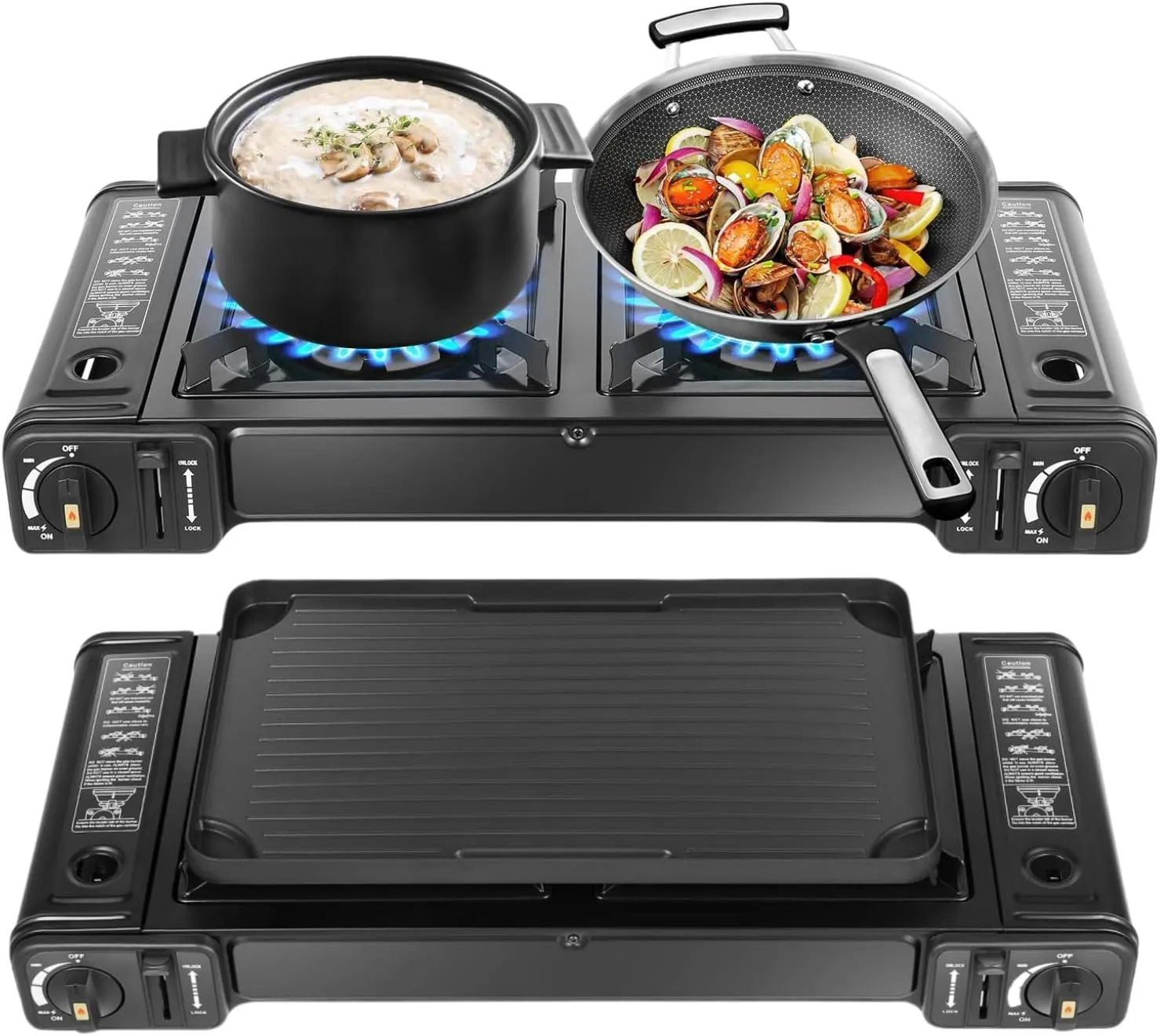 2-in-1 Portable Camping Stove with Grill Tray & Storage Case, 2 Burners Camping Stove with Safety Lock, High Power Camping Stove Perfect for Camping, Hiking