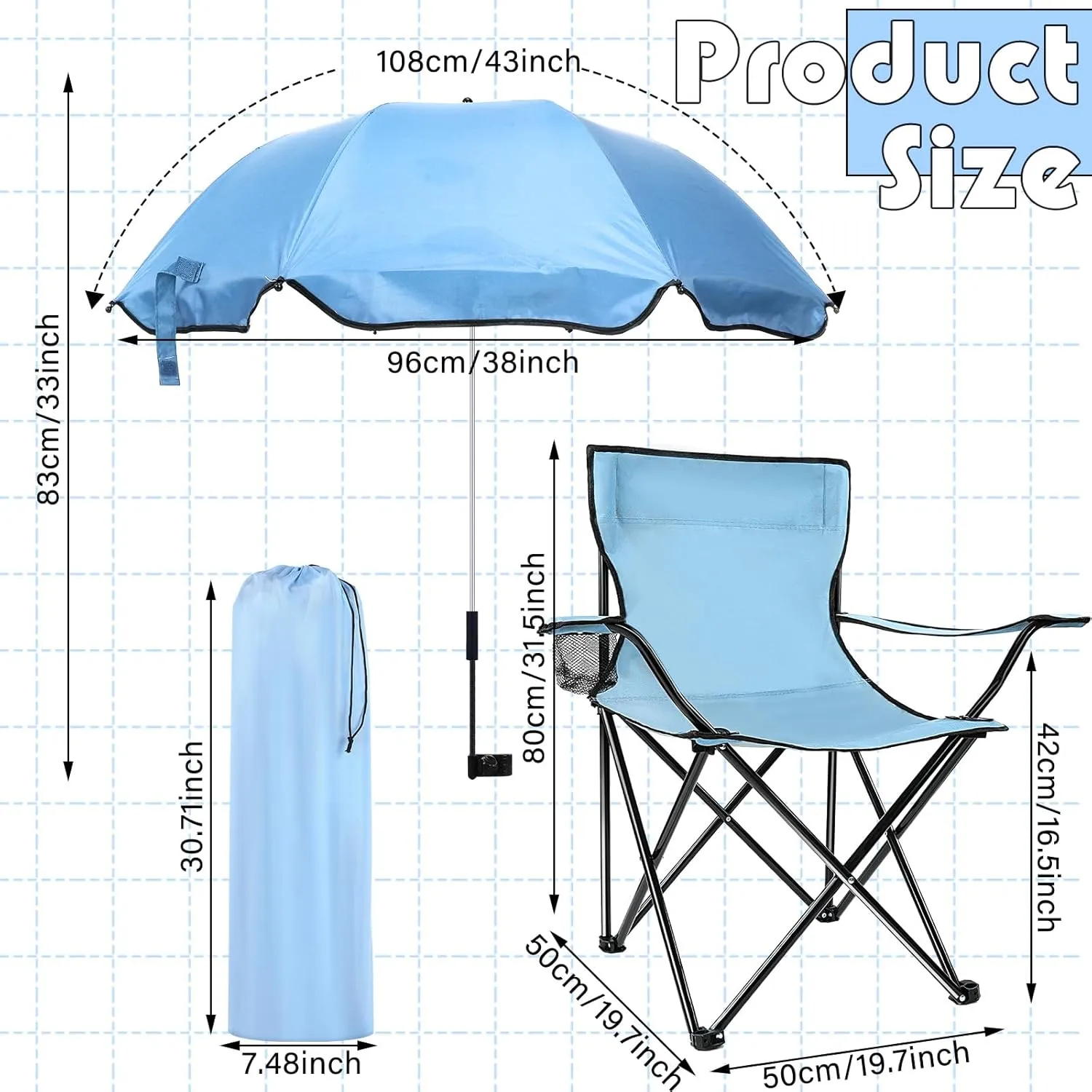 2 Pack Beach Chair with Umbrella for Adults Universal Clamp Folding Lightweight Adjustable Backpack Sling Beach Camping Chair with Cup Holder for Sand Camping Travel Outdoor Pool(Sky Blue)