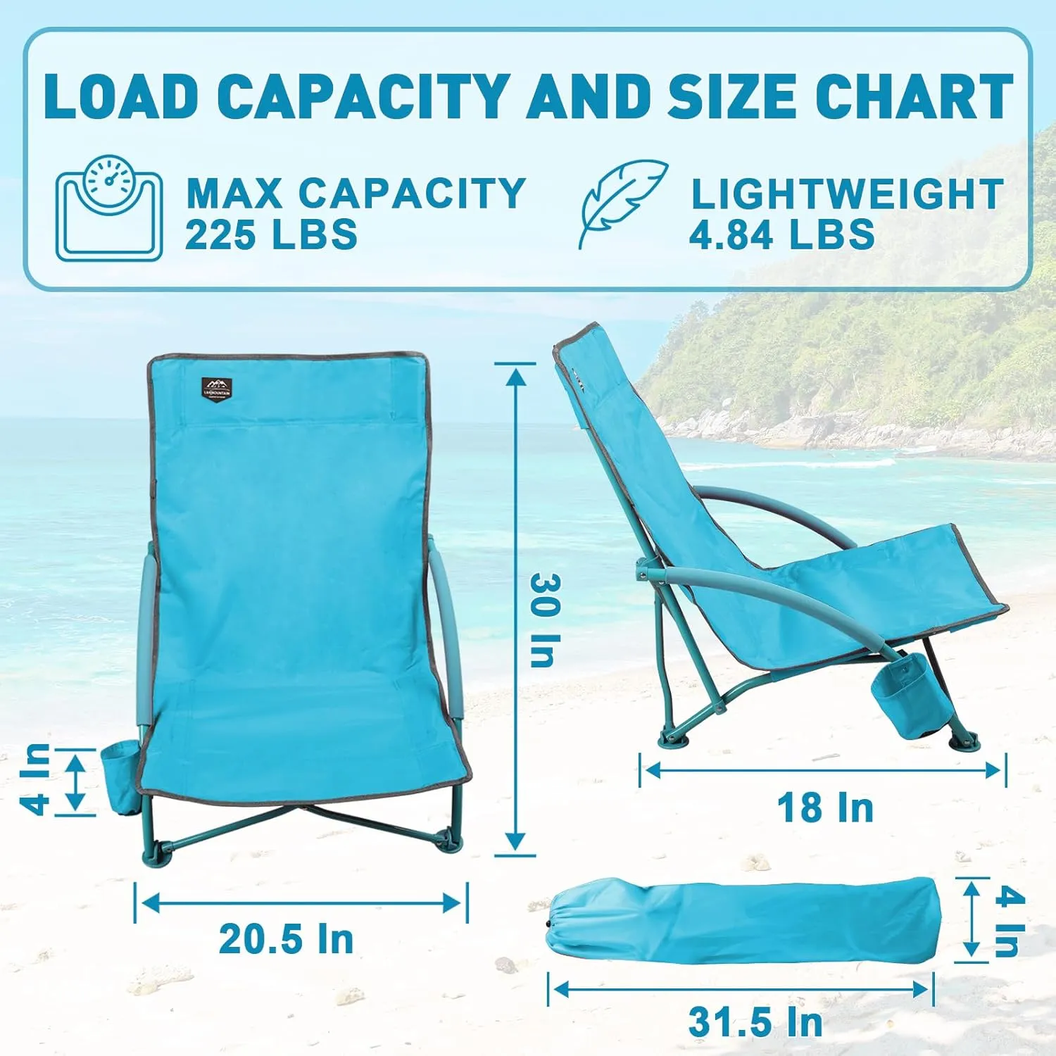 2 Pack Low Beach Chair,Folding Recliner Camping Chair for Adults,Lightweight Backpacking Low Seat Camping Chairs with Cup Holder, Carry Bag for Outdoor Camp Lawn Picnic Festival,Blue
