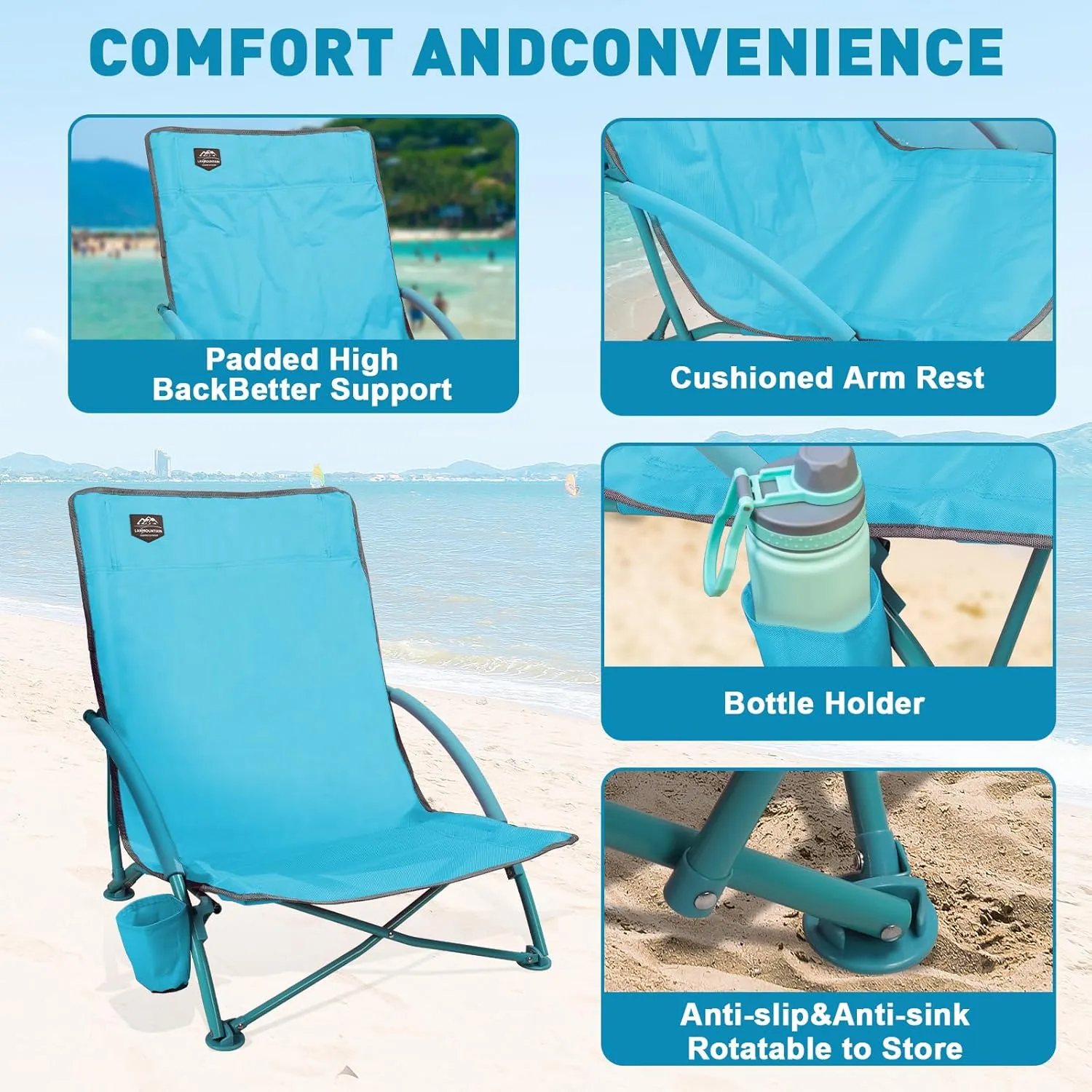 2 Pack Low Beach Chair,Folding Recliner Camping Chair for Adults,Lightweight Backpacking Low Seat Camping Chairs with Cup Holder, Carry Bag for Outdoor Camp Lawn Picnic Festival,Blue