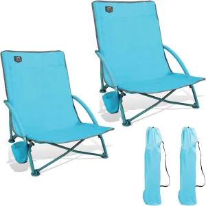 2 Pack Low Beach Chair,Folding Recliner Camping Chair for Adults,Lightweight Backpacking Low Seat Camping Chairs with Cup Holder, Carry Bag for Outdoor Camp Lawn Picnic Festival,Blue