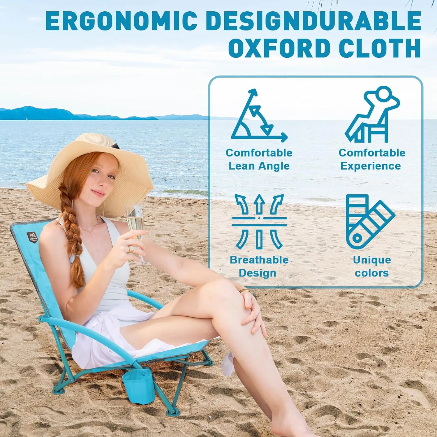 2 Pack Low Beach Chair,Folding Recliner Camping Chair for Adults,Lightweight Backpacking Low Seat Camping Chairs with Cup Holder, Carry Bag for Outdoor Camp Lawn Picnic Festival,Blue