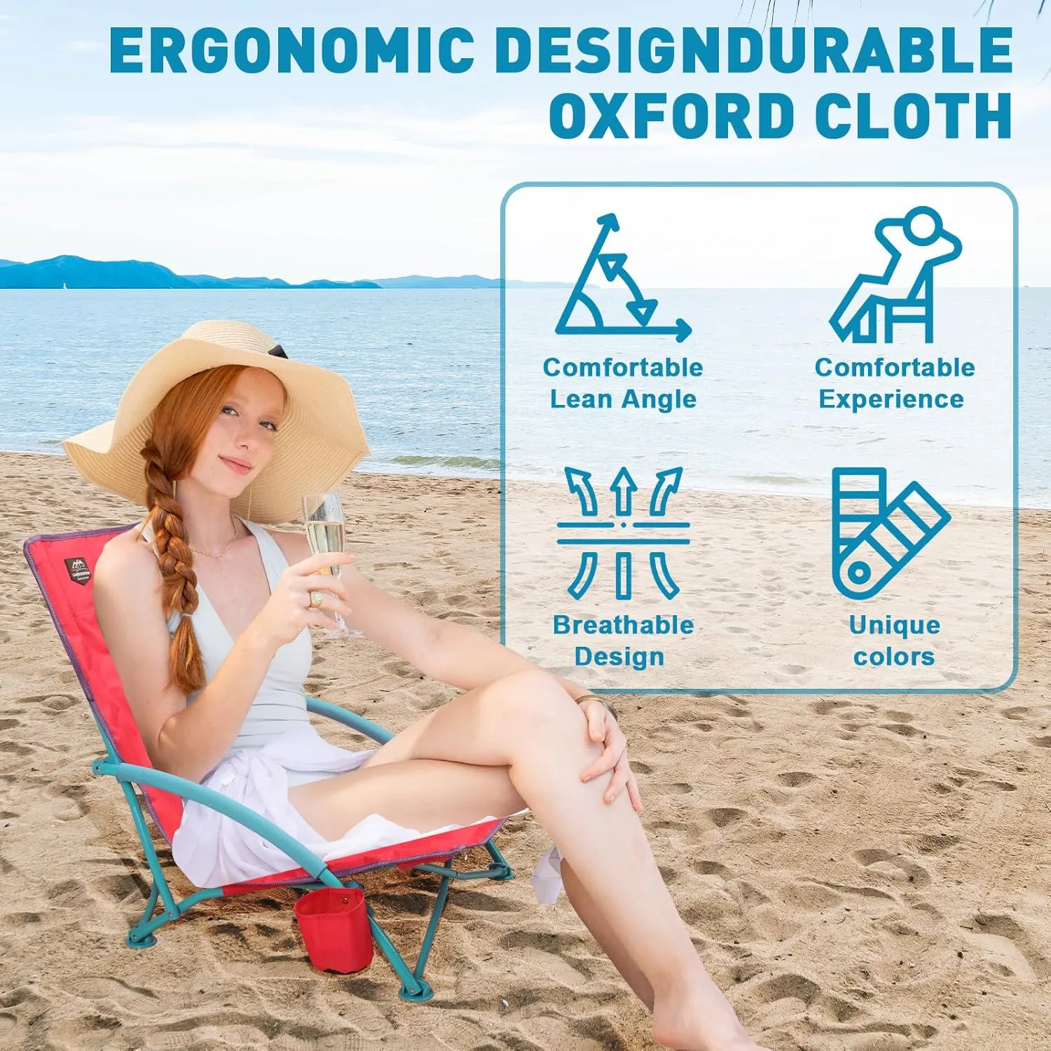 2 Pack Low Beach Chair,Folding Recliner Camping Chair for Adults,Lightweight Backpacking Low Seat Camping Chairs with Cup Holder, Carry Bag for Outdoor Camp Lawn Picnic Festival,Pink