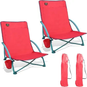 2 Pack Low Beach Chair,Folding Recliner Camping Chair for Adults,Lightweight Backpacking Low Seat Camping Chairs with Cup Holder, Carry Bag for Outdoor Camp Lawn Picnic Festival,Pink