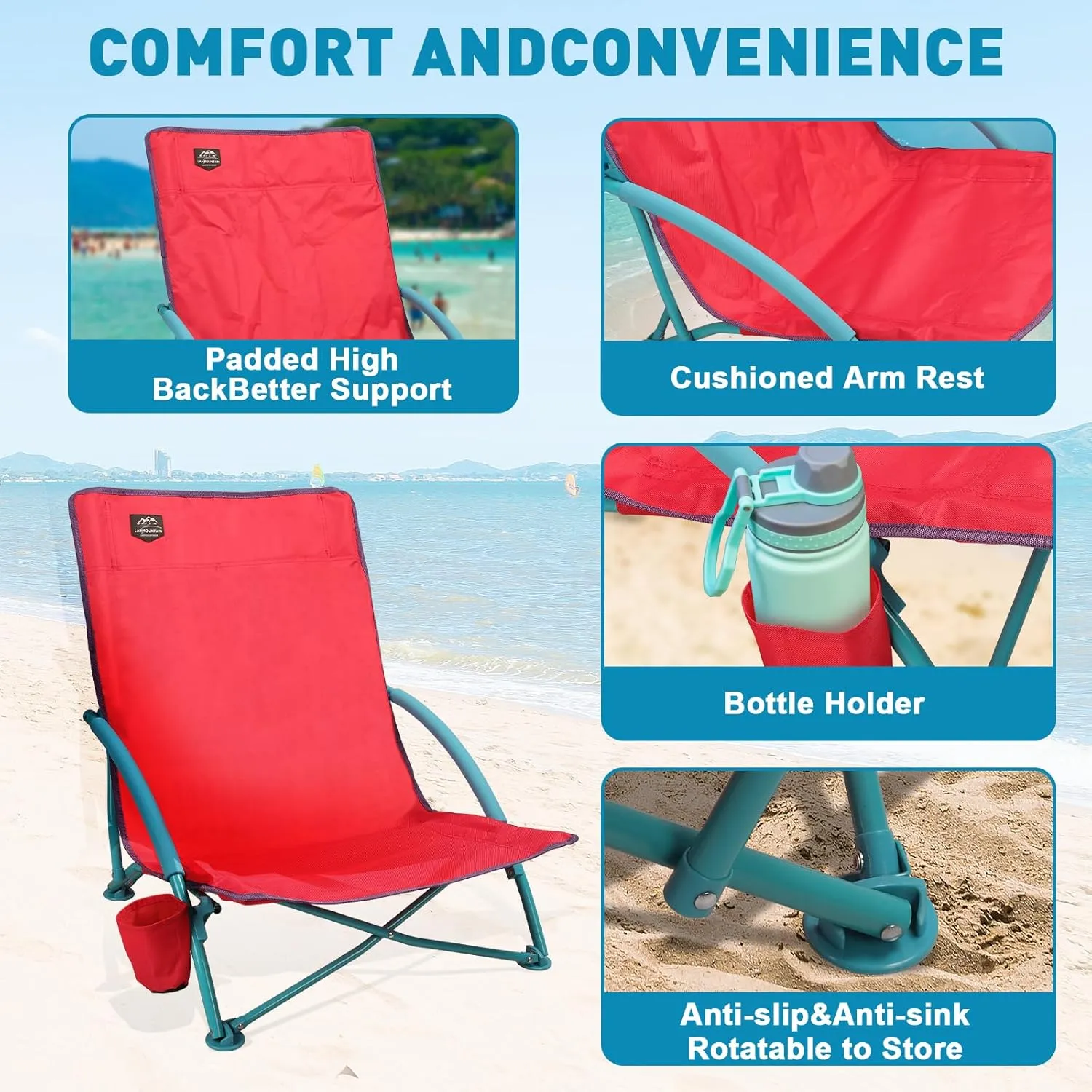 2 Pack Low Beach Chair,Folding Recliner Camping Chair for Adults,Lightweight Backpacking Low Seat Camping Chairs with Cup Holder, Carry Bag for Outdoor Camp Lawn Picnic Festival,Pink