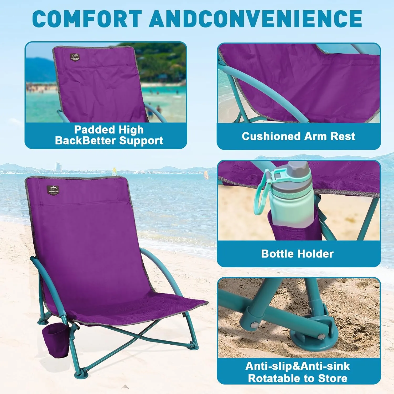 2 Pack Low Beach Chair,Folding Recliner Camping Chair for Adults,Lightweight Backpacking Low Seat Camping Chairs with Cup Holder, Carry Bag for Outdoor Camp Lawn Picnic Festival,Purple