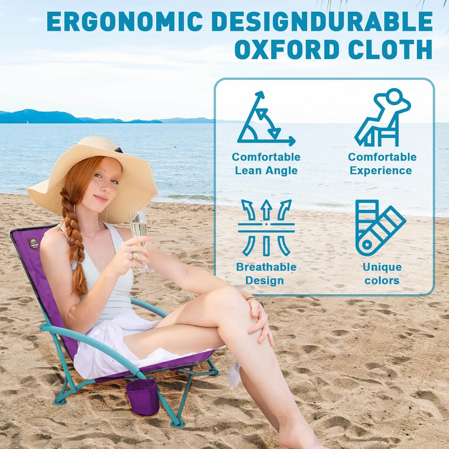 2 Pack Low Beach Chair,Folding Recliner Camping Chair for Adults,Lightweight Backpacking Low Seat Camping Chairs with Cup Holder, Carry Bag for Outdoor Camp Lawn Picnic Festival,Purple