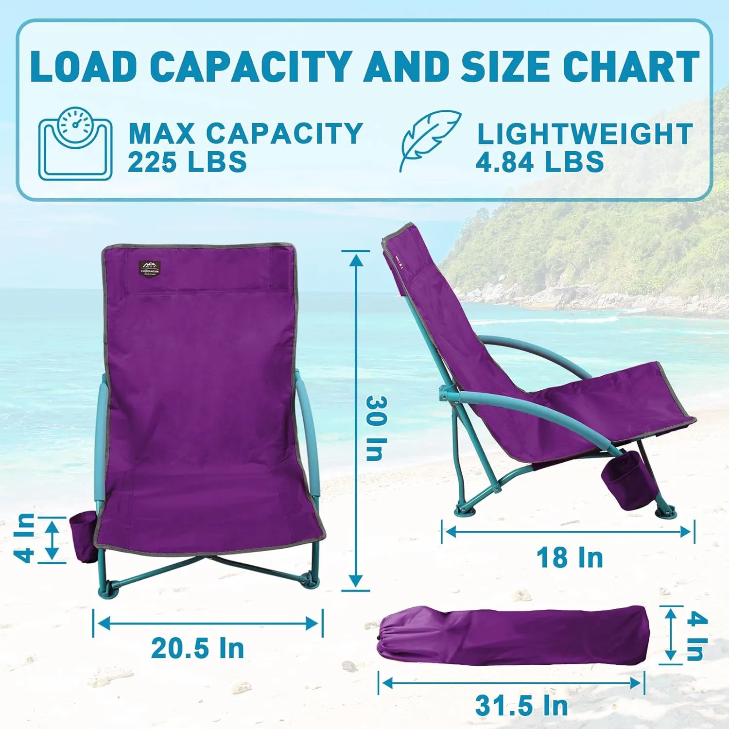 2 Pack Low Beach Chair,Folding Recliner Camping Chair for Adults,Lightweight Backpacking Low Seat Camping Chairs with Cup Holder, Carry Bag for Outdoor Camp Lawn Picnic Festival,Purple