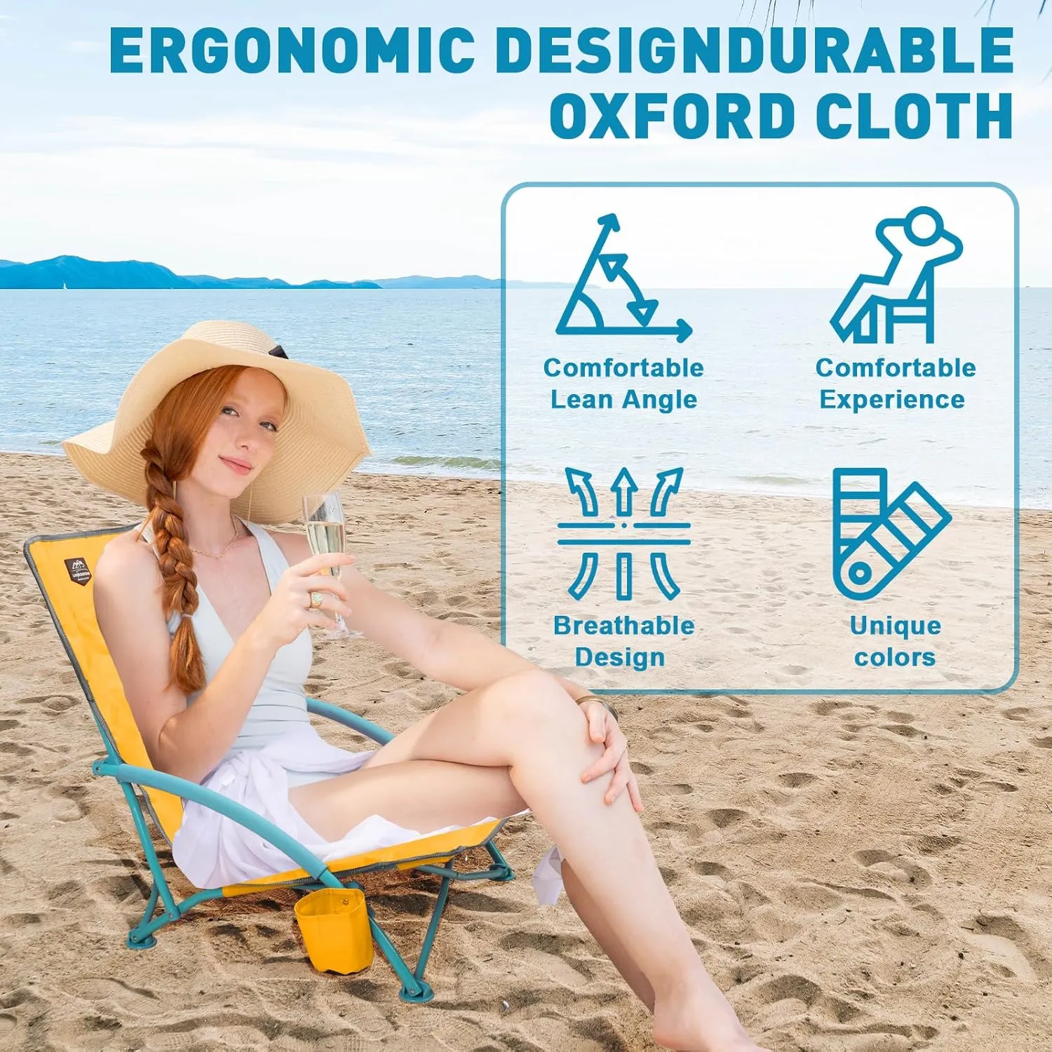 2 Pack Low Beach Chair,Folding Recliner Camping Chair for Adults,Lightweight Backpacking Low Seat Camping Chairs with Cup Holder, Carry Bag for Outdoor Camp Lawn Picnic Festival,Yellow