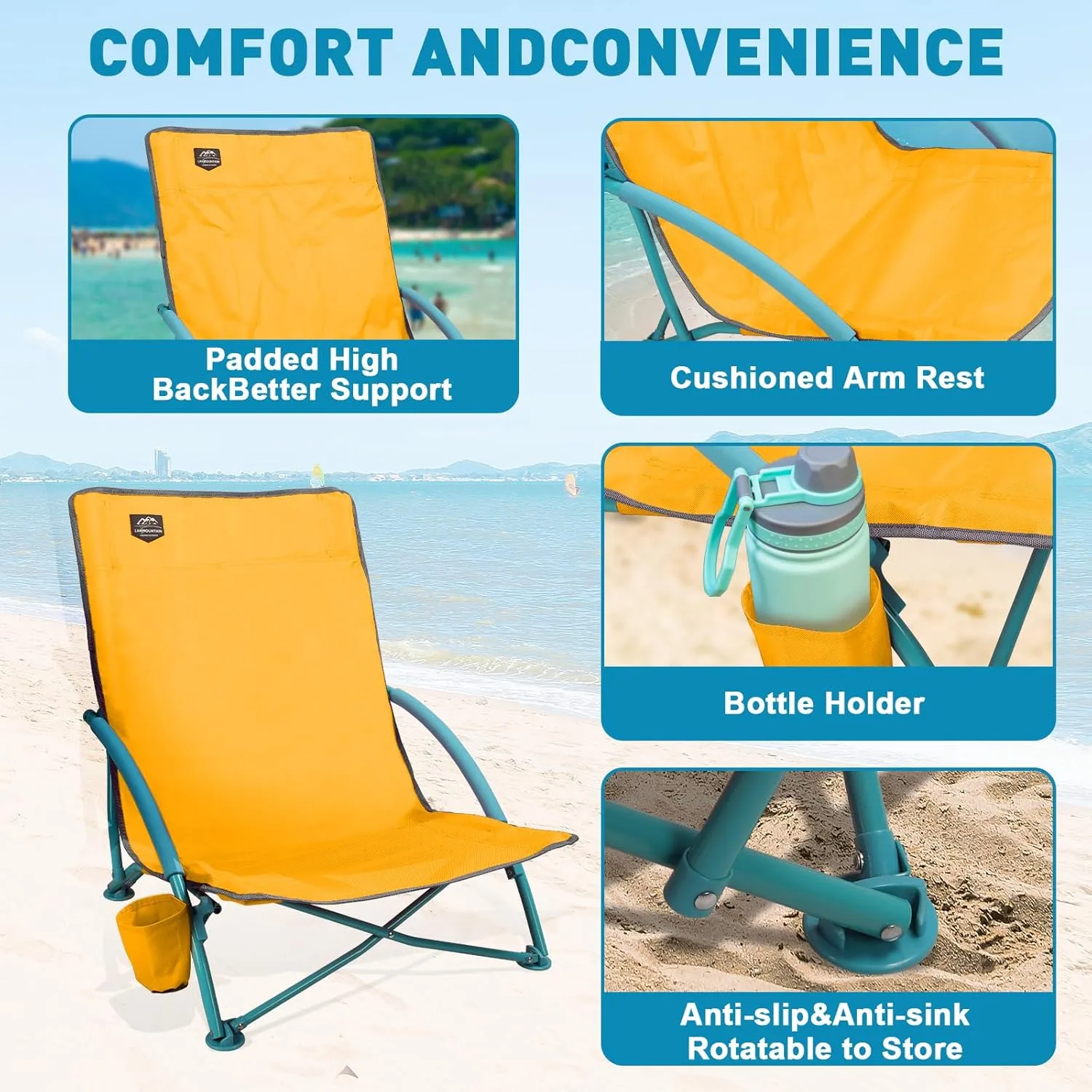 2 Pack Low Beach Chair,Folding Recliner Camping Chair for Adults,Lightweight Backpacking Low Seat Camping Chairs with Cup Holder, Carry Bag for Outdoor Camp Lawn Picnic Festival,Yellow