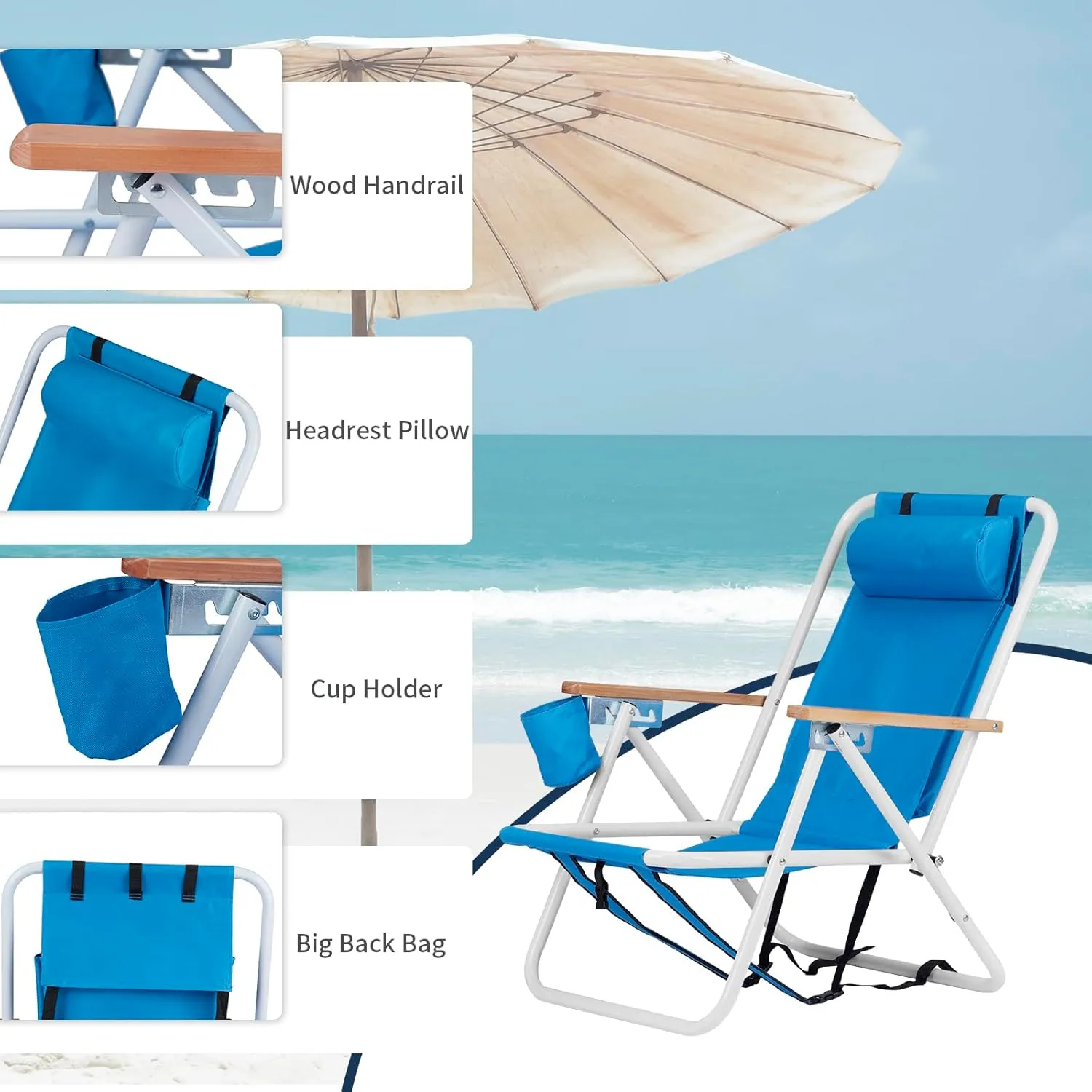 2 Pack Outdoor Beach Lawn Chairs,4 Position Portable Backpack Foldable Camping Chair,Lightweight Beach Chairs for Adults,Patio Dining Chairs,with Cup Holder,for Yard Pool Picnic Fishing (Blue)