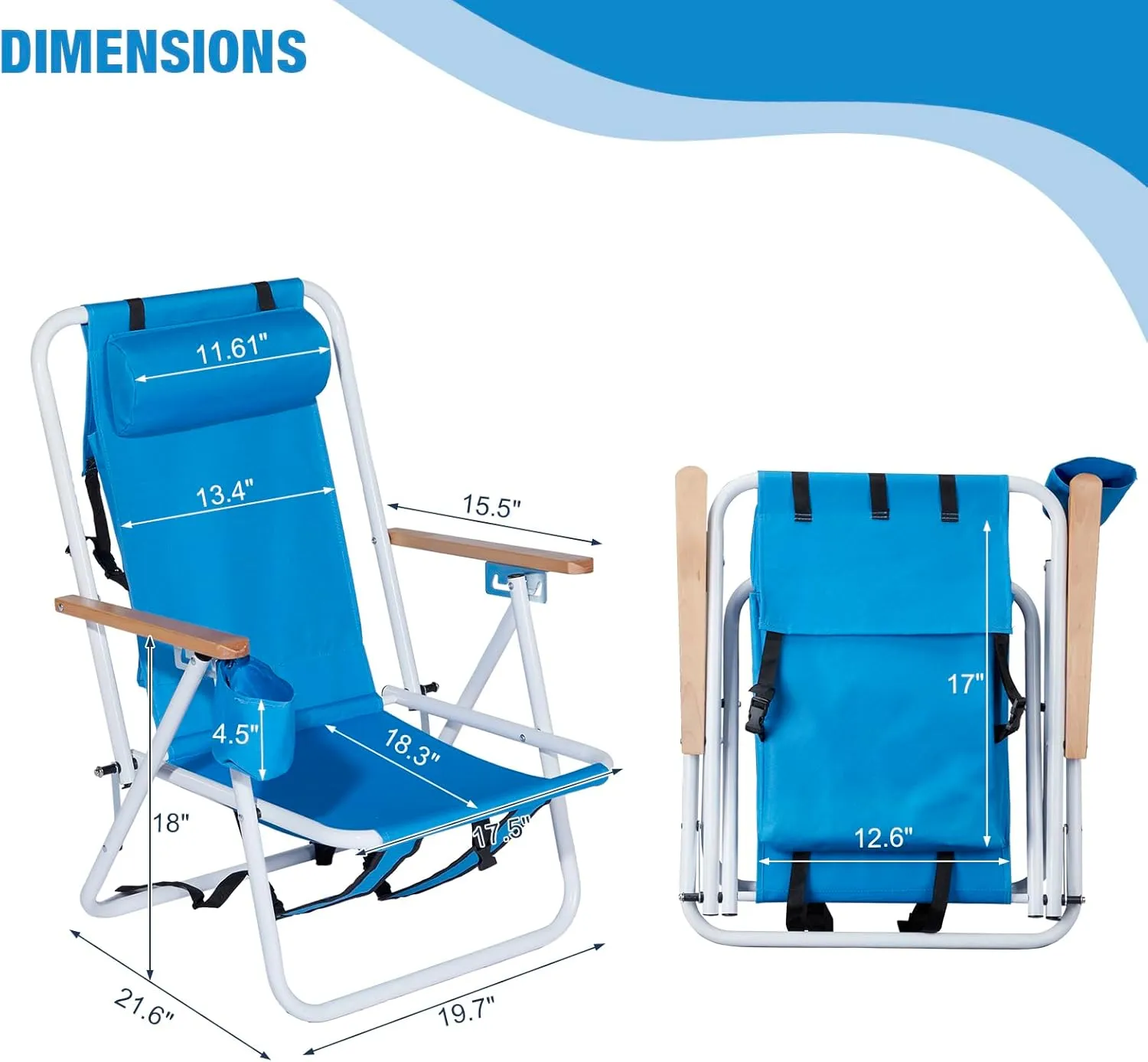 2 Pack Outdoor Beach Lawn Chairs,4 Position Portable Backpack Foldable Camping Chair,Lightweight Beach Chairs for Adults,Patio Dining Chairs,with Cup Holder,for Yard Pool Picnic Fishing (Blue)