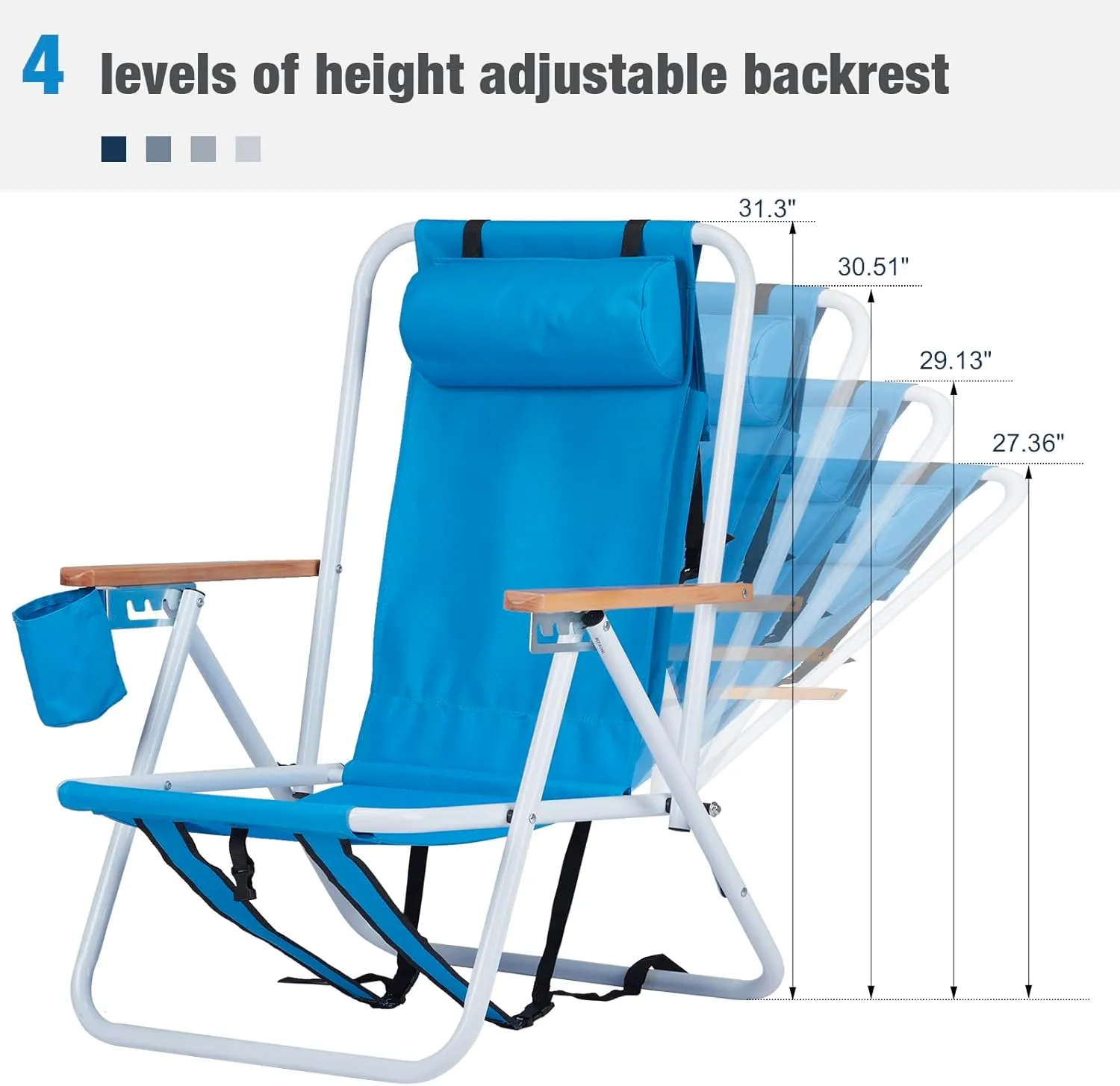 2 Pack Outdoor Beach Lawn Chairs,4 Position Portable Backpack Foldable Camping Chair,Lightweight Beach Chairs for Adults,Patio Dining Chairs,with Cup Holder,for Yard Pool Picnic Fishing (Blue)
