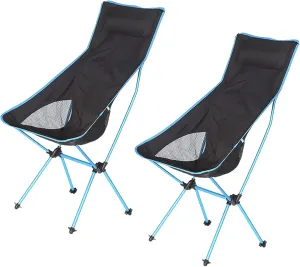2 Pack Portable High Back Camping Chairs, Outdoor Folding Chair Supports 330 LBS, Ultralight Compact Aluminum Folding Beach Chair with Carry Bag, for Hiking Picnic Fishing,Blue a