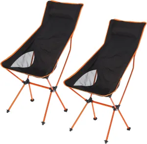 2 Pack Portable High Back Camping Chairs, Outdoor Folding Chair Supports 330 LBS, Ultralight Compact Aluminum Folding Beach Chair with Carry Bag, for Hiking Picnic Fishing,Orange