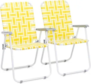 2-Pack Webbed Folding Chairs, Outdoor Portable Beach Chair, Lightweight Camping Chair Lawn Chair for Yard, Garden Dining, Patio (Yellow & White Strip)