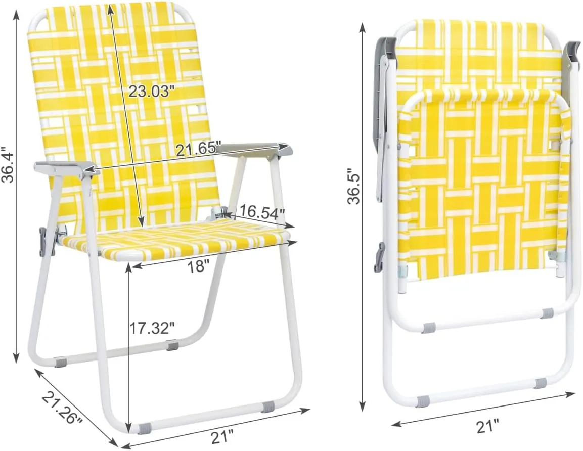 2-Pack Webbed Folding Chairs, Outdoor Portable Beach Chair, Lightweight Camping Chair Lawn Chair for Yard, Garden Dining, Patio (Yellow & White Strip)