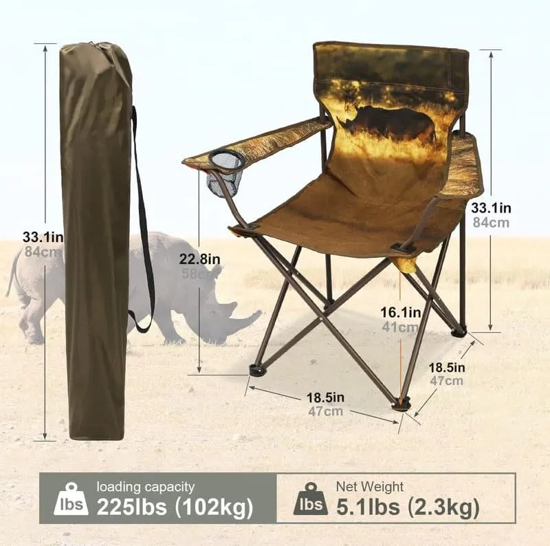 2 Pcs Animal Pattern Camping Chair,Folding Backpacking Lightweight Beach Chair w/Cup Holder,Side Pocket,Carry Bag,Portable Adults Lawn Chair for Family Outdoor,Hiking,Parties,Rhinoceros