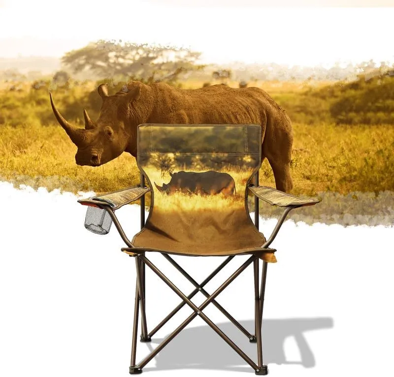 2 Pcs Animal Pattern Camping Chair,Folding Backpacking Lightweight Beach Chair w/Cup Holder,Side Pocket,Carry Bag,Portable Adults Lawn Chair for Family Outdoor,Hiking,Parties,Rhinoceros