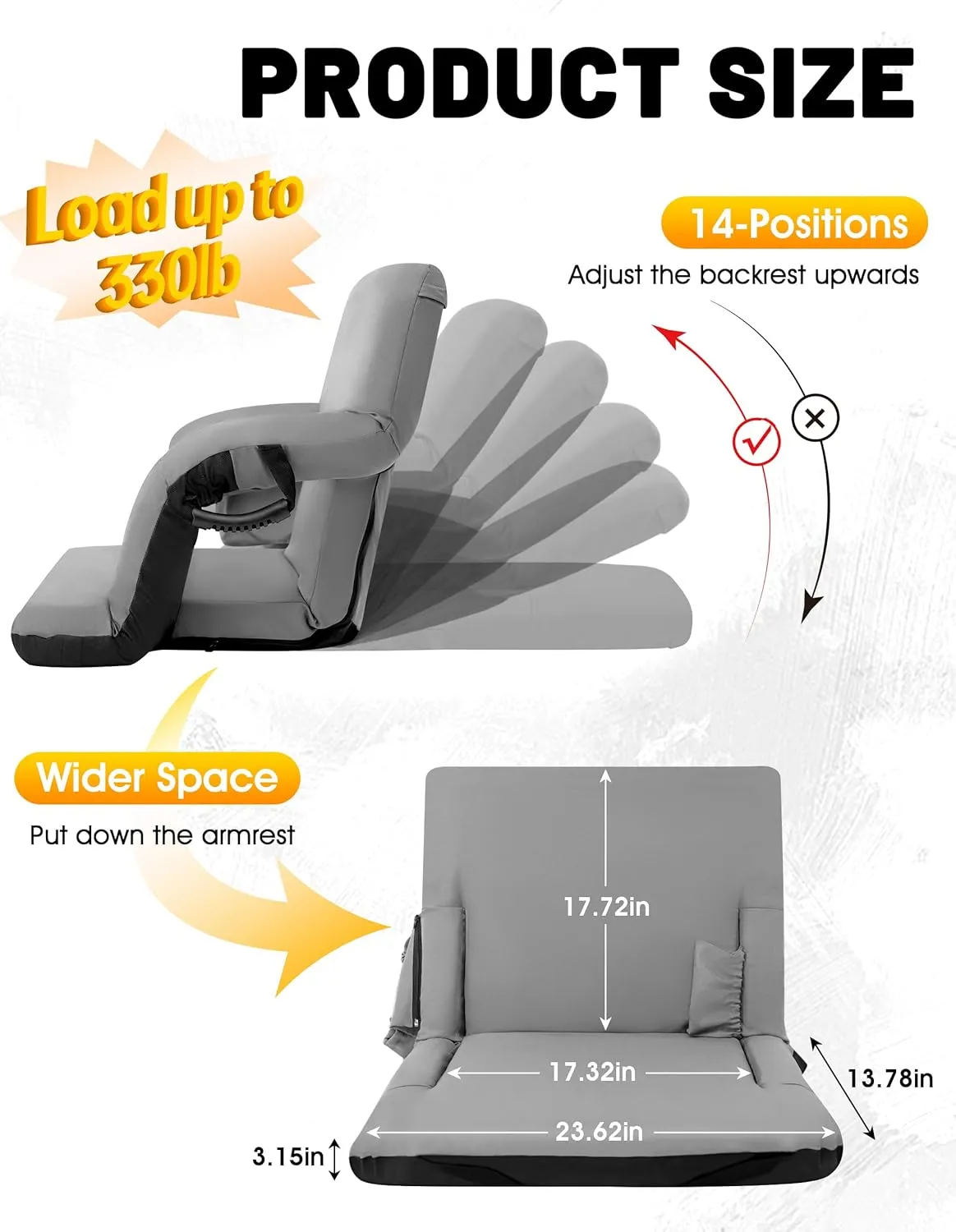2 Pcs Stadium Seat with Back Support 14-Position Bleacher Seat with Japanese KOYO Bearings Portable Bleacher Chair with Wider Cushion Ideal Seat for Sport Events, Camping