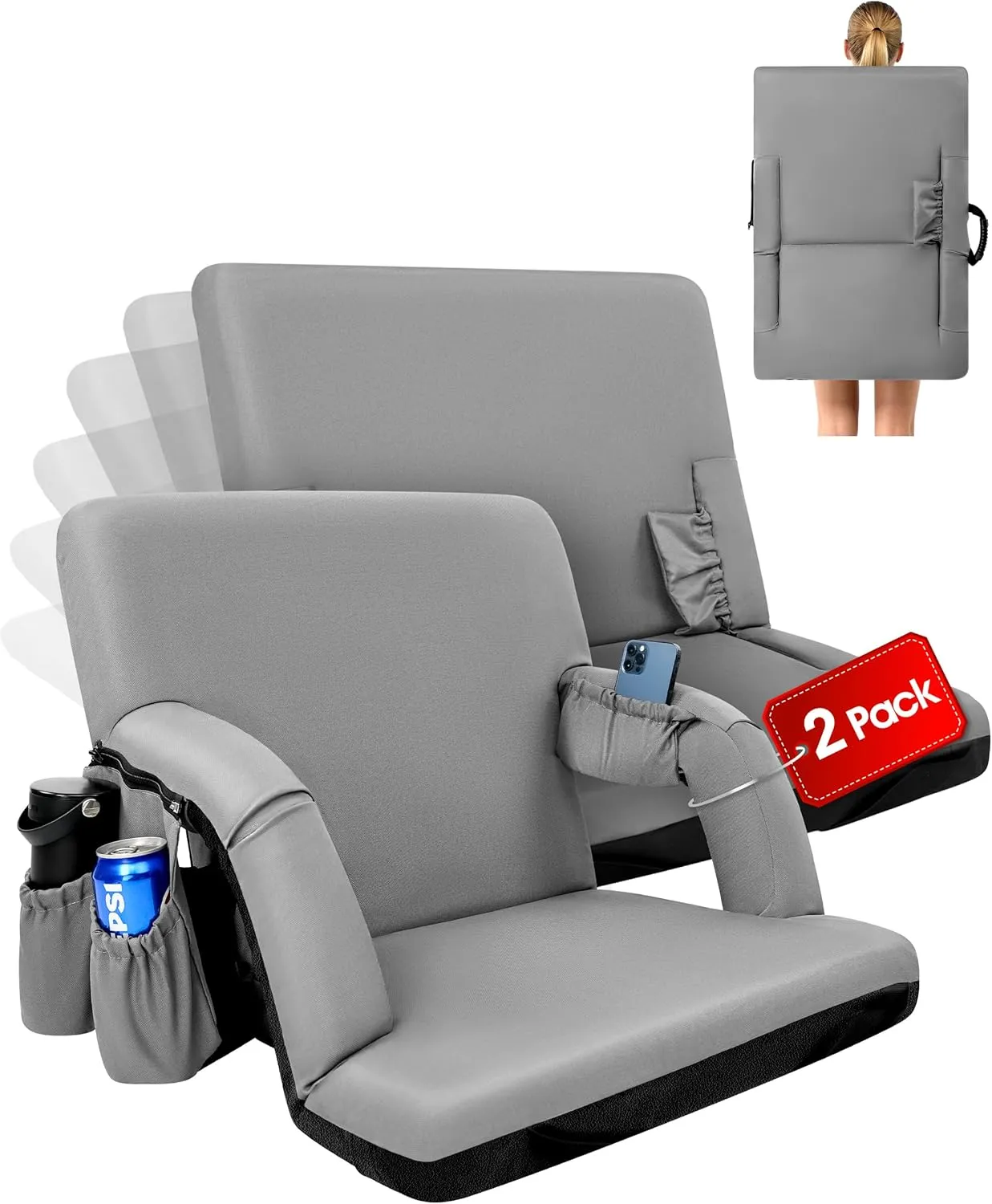 2 Pcs Stadium Seat with Back Support 14-Position Bleacher Seat with Japanese KOYO Bearings Portable Bleacher Chair with Wider Cushion Ideal Seat for Sport Events, Camping