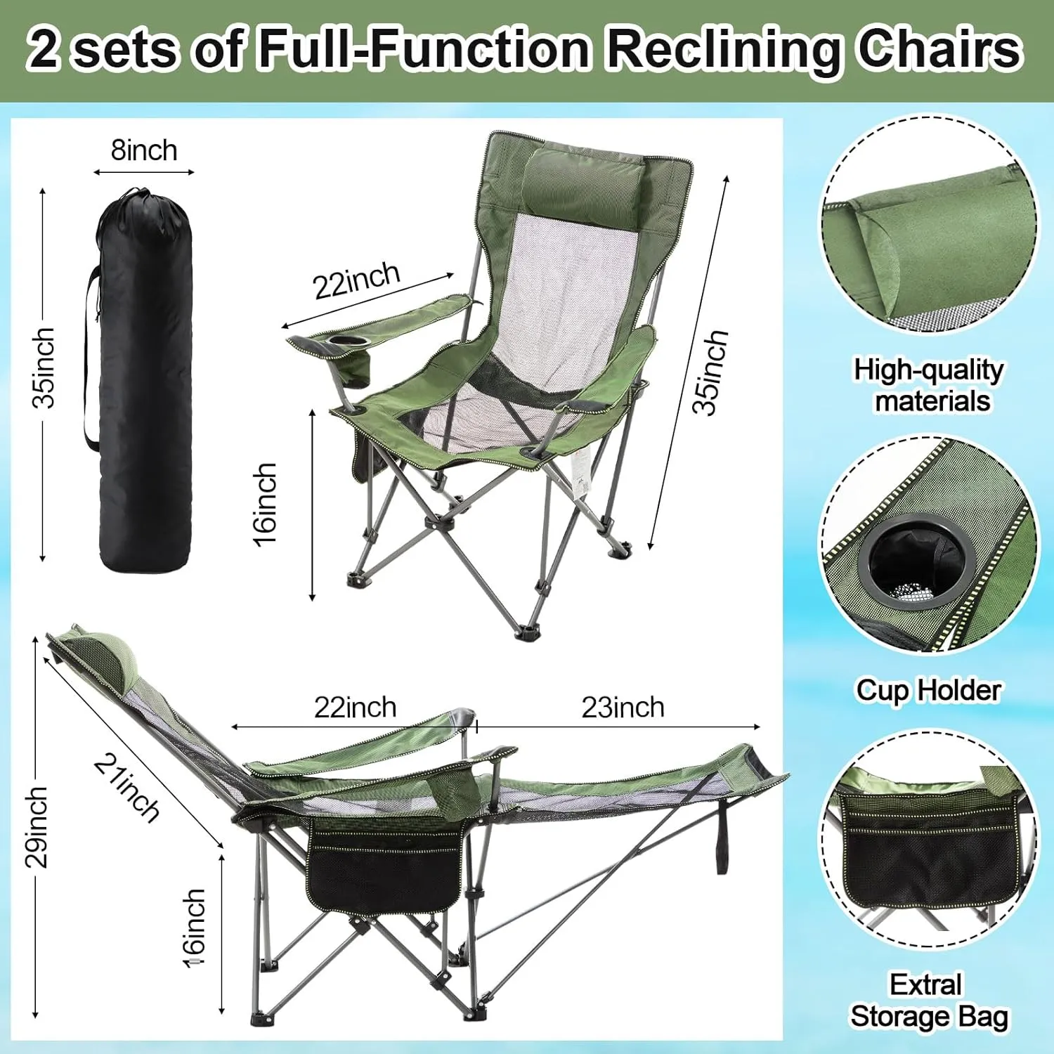 2 Set Reclining Camping Chair with Umbrella, Camping Chair with Foot Rest, Adjustable Chair Umbrella with Clamp, SPF 50 , Folding Mesh Camping Lounger Chair for Outdoor (Green)