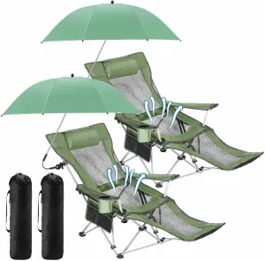 2 Set Reclining Camping Chair with Umbrella, Camping Chair with Foot Rest, Adjustable Chair Umbrella with Clamp, SPF 50 , Folding Mesh Camping Lounger Chair for Outdoor (Green)
