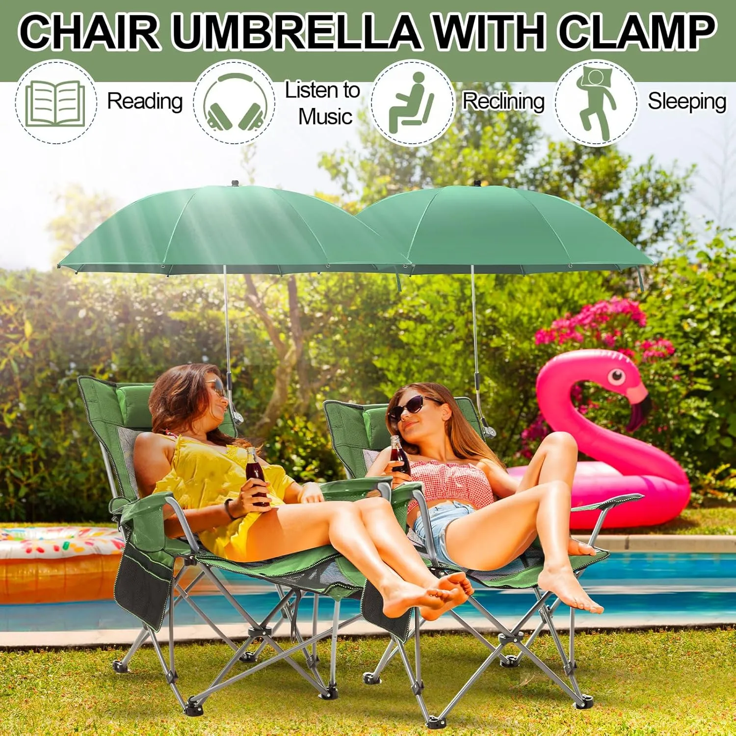 2 Set Reclining Camping Chair with Umbrella, Camping Chair with Foot Rest, Adjustable Chair Umbrella with Clamp, SPF 50 , Folding Mesh Camping Lounger Chair for Outdoor (Green)