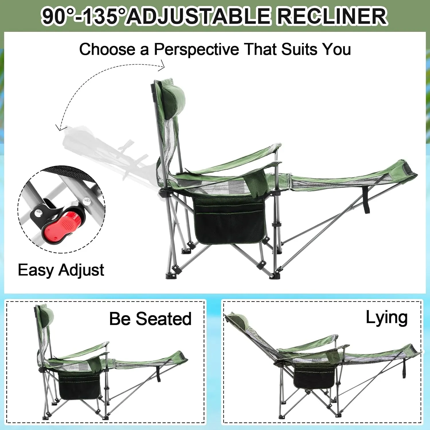 2 Set Reclining Camping Chair with Umbrella, Camping Chair with Foot Rest, Adjustable Chair Umbrella with Clamp, SPF 50 , Folding Mesh Camping Lounger Chair for Outdoor (Green)