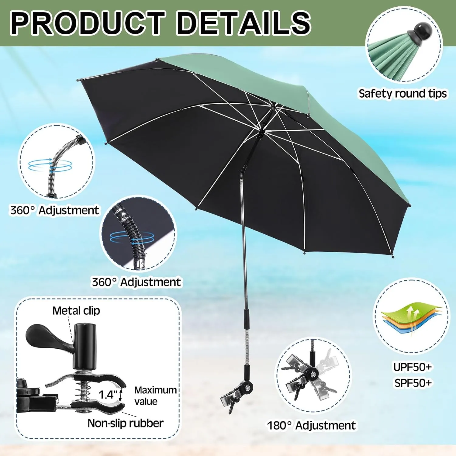 2 Set Reclining Camping Chair with Umbrella, Camping Chair with Foot Rest, Adjustable Chair Umbrella with Clamp, SPF 50 , Folding Mesh Camping Lounger Chair for Outdoor (Green)