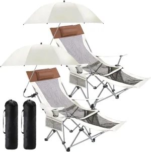2 Set Reclining Camping Chair with Umbrella, Camping Chair with Foot Rest, Adjustable Chair Umbrella with Clamp, SPF 50 , Folding Mesh Camping Lounger Chair for Outdoor(White)