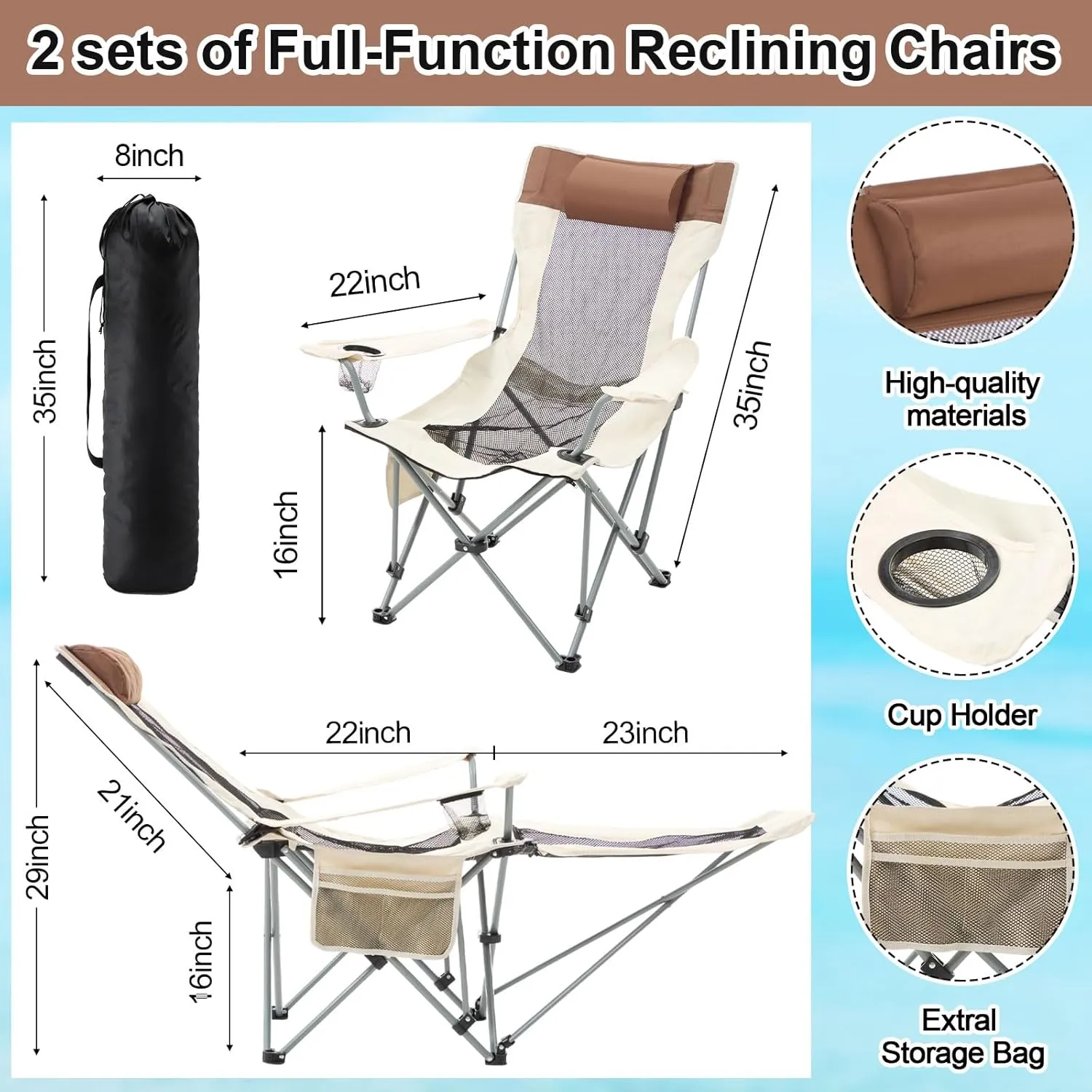2 Set Reclining Camping Chair with Umbrella, Camping Chair with Foot Rest, Adjustable Chair Umbrella with Clamp, SPF 50 , Folding Mesh Camping Lounger Chair for Outdoor(White)