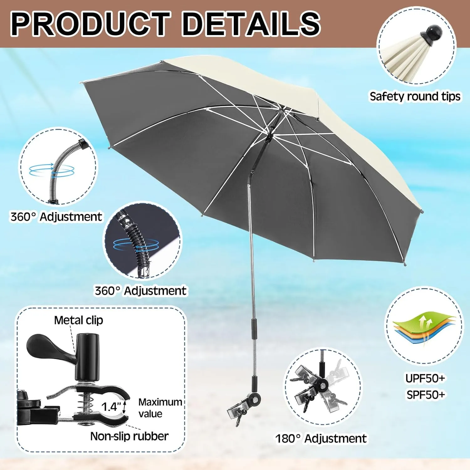 2 Set Reclining Camping Chair with Umbrella, Camping Chair with Foot Rest, Adjustable Chair Umbrella with Clamp, SPF 50 , Folding Mesh Camping Lounger Chair for Outdoor(White)