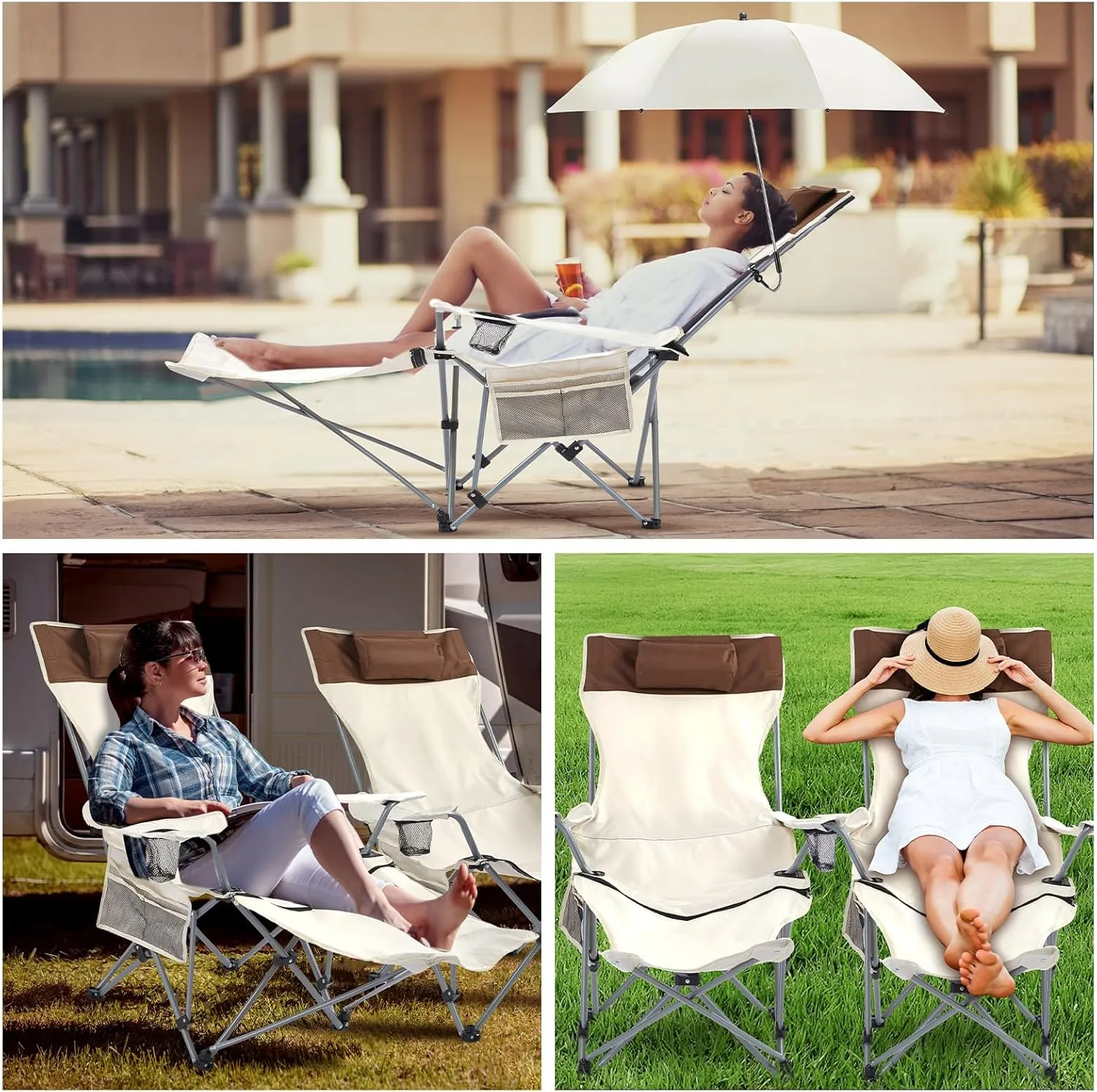 2 Set Reclining Camping Chair with Umbrella for Adult Folding Camping Chair with Foot Rest Adjustable Clamp Canopy Shade, SPF 50 , Lounger for Outdoor Spring Summer Travel(White,Retro)