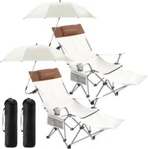 2 Set Reclining Camping Chair with Umbrella for Adult Folding Camping Chair with Foot Rest Adjustable Clamp Canopy Shade, SPF 50 , Lounger for Outdoor Spring Summer Travel(White,Retro)